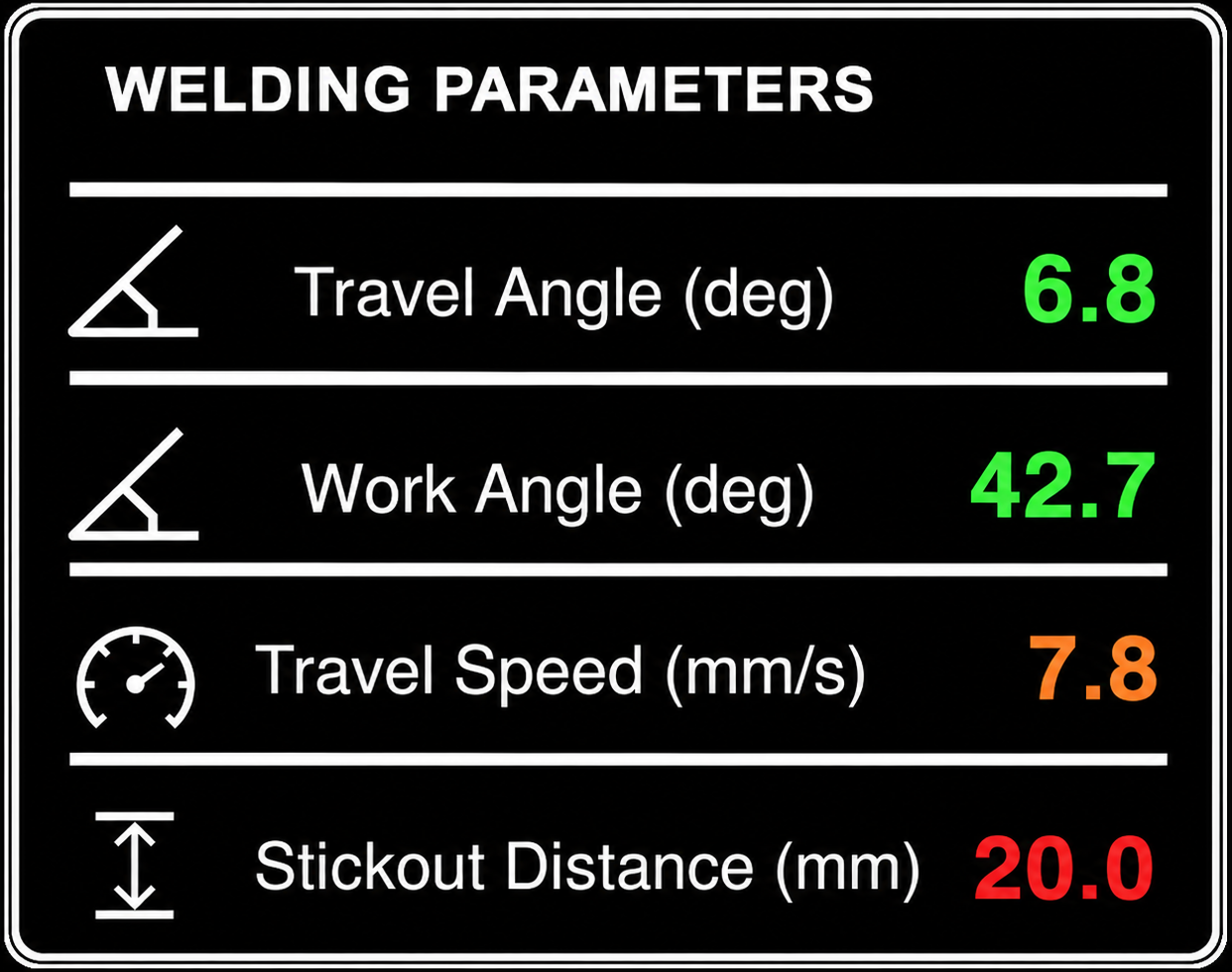 Welding parameter HUD showing travel angle, work angle, travel speed, and stickout distance.